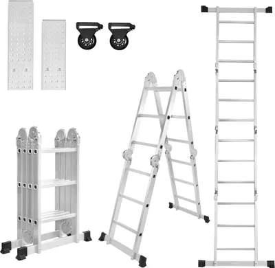Image de TWOLIIN Echelle multi-usages 4x3 Aluminium avec plate-forme 6 en 1 Echelle multifonctionnelle Echelle 340cm Echelle pliante Echelle articulée Echelle en aluminium Echelle combinée Echelle multi-usages jusqu'à 150KG, Argent