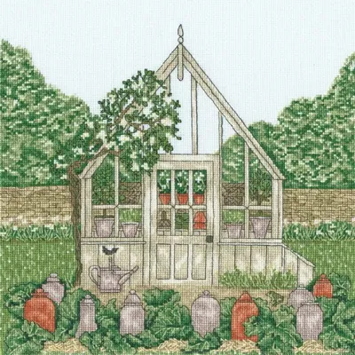 Zdjęcie produktu dla Zestaw do haftu krzyżykowego "Szklarnia" firmy Bothy Threads, schemat do liczenia, tkanina Aida 16, wymiary 26x26 cm