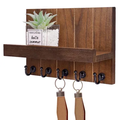 Produktbild von Schlüsselbrett aus Holz mit Ablage und 5 Schlüsselhaken, braun