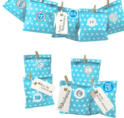 Produktbild von DIY Adventskalender zum Befüllen Bescherung, Papiertueten flach 13x16,5cm, beachblau Stern, Ziffern blau