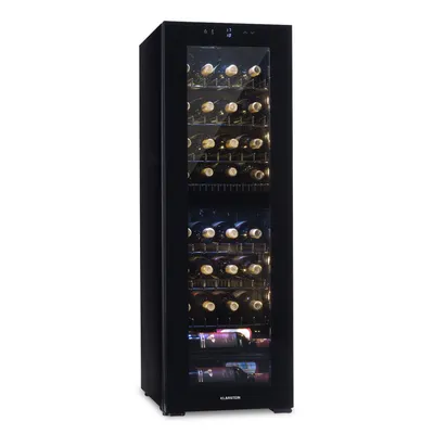 Produktbild von Klarstein Weinkühlschrank Freistehend, Kleiner Getränkekühlschrank Schmal, 2 Zone Weinkühlschrank mit Glastür, Indoor/Outdoor Beersafe, Kühlschrank Klein mit UV-Schutz, 5-18°C, 39 Flaschen