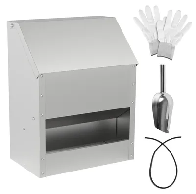 Zdjęcie produktu dla Automatyczny podajnik do karmy dla drobiu Eikuavons, pojemność 15 kg, wykonany ze stal ocynkowana. Zawiera: podajnik karmy dla kur z pokrywą, łopatkę do karmy, rękawice ochronne i 1 metr osłony krawędziowej
