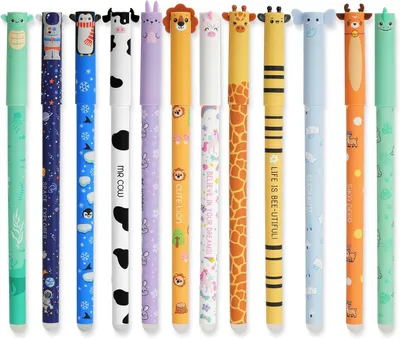 Zdjęcie produktu dla Zestaw wymazywalnych długopisów żelowych 12 sztuk, 0.7 mm, 8 kolorów, motywy zwierzęce, do szkoły