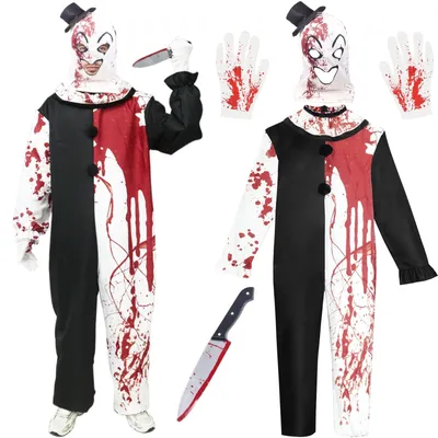 Imagen del producto de Omgoods - Disfraz de payaso con máscara terrorífica - Disfraz de Halloween - Payaso de terror - Disfraz para hombre - Mono  y blanco - Set de cosplay - Disfraz de terror