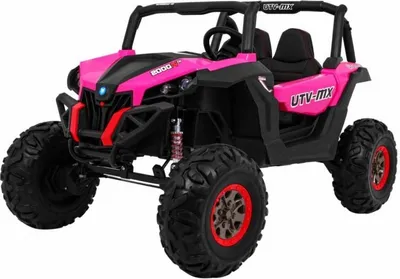 A pink and black UTV-MX buggy for children, shown from a three-quarter front angle against a white background.