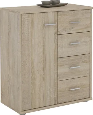 Produktbild von CARO-Möbel, Highboard Kommode, Sonoma Eiche, 1 Tür 4 Schubladen, TIRANO, 70x60x30 cm, Einlegeboden, Chrom matt Griffe Füße, Kugelauszug