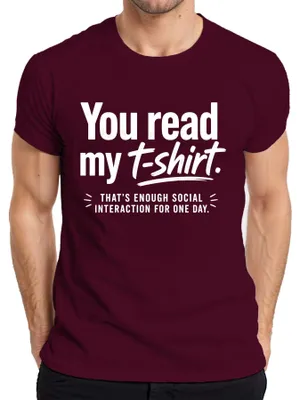 Immagine prodotto di T-shirt da uomo "Abbastanza interazione sociale per oggi", marca Lustig, con scritta sarcastica, colore bordeaux, taglia 3XL