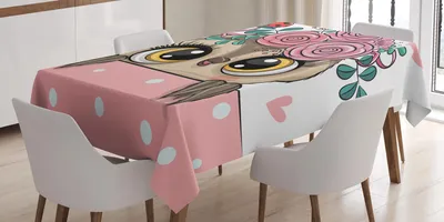 Obrázok produktu pre ABAKUHAUS Zvieratá Obrus, Cartoon Sovy s kvetmi na lienkach a malými srdiečkami, 140 x 240 cm, pastelovo ružová a viacfarebná