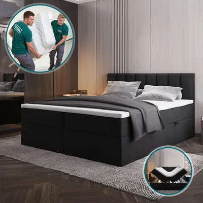 Produktbild von TRADA Boxspringbett 140x200 Palermo mit Bettkästen mit Matratze mit Topper Komplett-Set Polsterbett Bonell H3 Schwarz