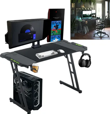 Produktbild von XMTECH Gaming Tisch Eckschreibtischer 160x60cm PC Schreibtisch Gamer Computertisch Bürotisch mit Headsethalterung und Getränkehalter Gamingtisch für Heim und Büro, mit LED