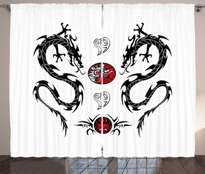 Produktbild von ABAKUHAUS Drachen Rustikaler Gardine, Tribal Tattoo Asiatisch, Schlafzimmer Kräuselband Vorhang mit Schlaufen und Haken, 280 x 260 cm, Weiß Schwarz Rot