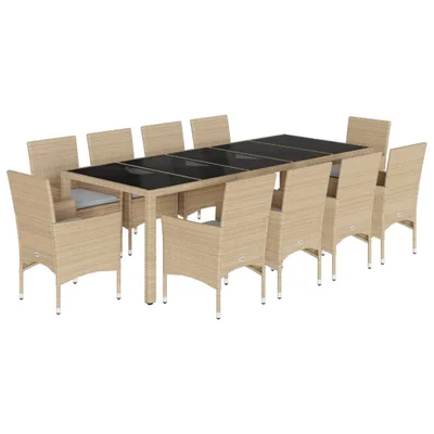 Produktbild von 11-tlg. Garten-Essgruppe mit Kissen Beige Poly Rattan und Glas