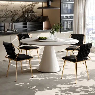 Immagine prodotto di Set di 2 sedie da pranzo, braccioli in tessuto e metallo, schienale intrecciato, gambe dorate, rivestimento in velluto nero, elegante design moderno