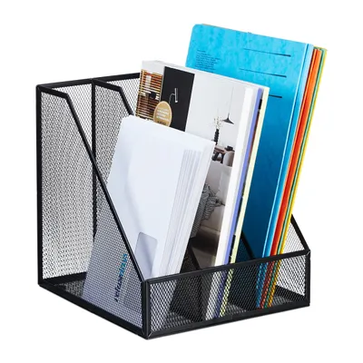 Obrázok produktu pre Stojan na dokumenty Relaxdays, formát A4, 3 priehradky, sieťovaný dizajn, rozmery: 26 x 24 x 26 cm, kancelária a domáca kancelária, stojan na dokumenty, kov, čierny