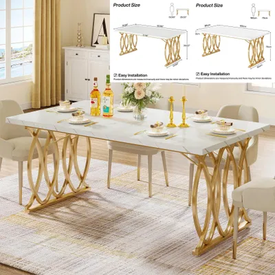 Obrázok produktu pre Jedálenský stôl – Kuchynský stôl – Obdĺžnikový jedálenský stôl – 160x80 cm – Pre až 8 osôb – Kovová konštrukcia – Doska stola s efektom mramoru – Biela a zlatá farba 02