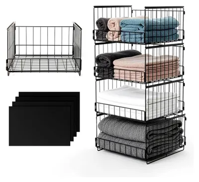 Produktbild von 4er-Set stapelbare Küchenschrank-Organizer, Metall-Drahtkörbe zum Herausziehen für Küche, Bad und Kleidung, faltbares Aufbewahrungssystem, robust und modern, platzsparend