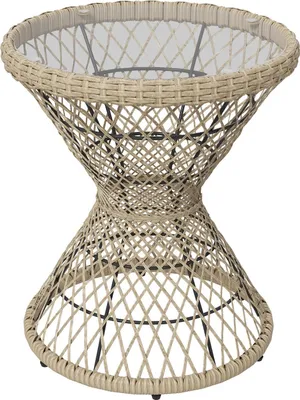 Zdjęcie produktu dla Stolik Boczny, Rattanowy Stolik Ogrodowy, Stolik Kawowy 45 X 45 Cm Z Ochroną Uv, Stolik Balkonowy Z Blatem Ze Szkła Bezpiecznego, W Stylu Boho, Brązowy