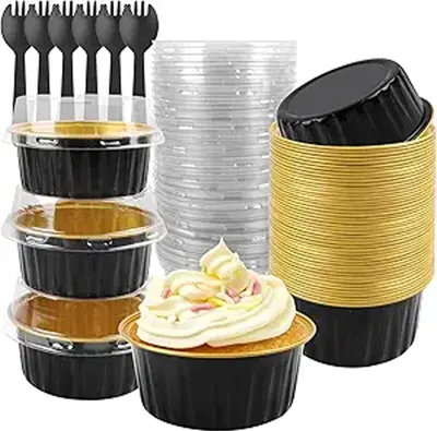 Produktbild von Kuchenförmchen aus Aluminiumfolie mit Deckel, Muffinformen, 60er-Packung mit 5 oz Mini-Kuchenformen, Mini-Brotformen mit Deckel, Einweg-Backförmchen mit Deckel, Kuchenbackförmchen aus Aluminiumfolie