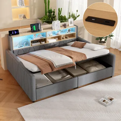 Produktbild von Flieks Tagesbett 140x200cm mit USB, Hydraulikbett Stauraumbett mit offenen Staufächern, Schlafsofa Jugendbett mit Led, Daybed Gästebett Leinen, Grau