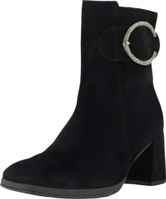 A black suede boot with a decorative buckle.