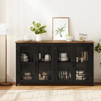 Produktbild von Merax Sideboard Kommode mit Glastüren, Küchenschrank mit Holzoptik Arbeitsplatte, großer Stauraum, Wohnzimmerschrank mit Kippsicherung aus MDF, Schwarz