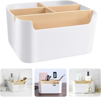 Imagen del producto de Organizador de escritorio de madera, blanco, con 5 compartimentos, para oficina y hogar