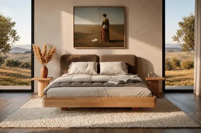 Produktbild von Schwebebett Eyko MAUI aus massivem Buchenholz / 160 × 200 cm / Natur, braunes Kopfteil