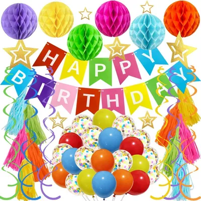 Image de Kit de décoration pour anniversaire, réutilisable, avec guirlande "Joyeux anniversaire", ballons, guirlandes et décorations pour fête