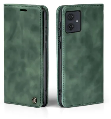 A green flip case for a Motorola Moto G54 phone, shown from the front and back.