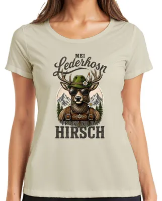 Obrázok produktu pre Mei Lederhosn – Dámske tričko s motívom "Hirsch Bayern" (kožené nohavice), farba: prírodná, veľkosť: XXL