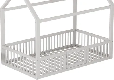 Produktbild von okwish Kinderbett 90*200cm mit Türchen und Zaun Hausbett aus Kiefer und MDF, weiß