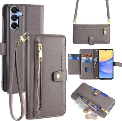 Produktbild von Handykette Samsung Hülle mit Band Handyhülle Kartenfächer Kunstleder Umhängetasche Galaxy A15 Grau