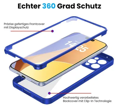 Produktbild von 360 Grad Handyhülle für Apple iPhone 15 Pro Max Full Cover Rundum Schutz Farbe: Blau