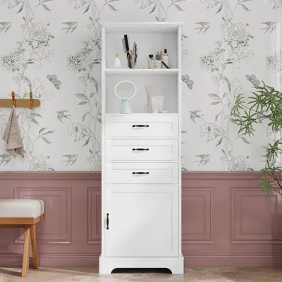 Produktbild von Flieks Badezimmerschrank mit drei Schubladen, offene Regale, verstellbare Regalböden, schwarze Griffe, Standschrank, Holzschrank 56x25.6x167cm, Weiß