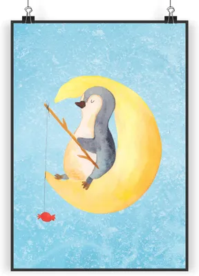 Produktbild von Mr. & Mrs. Panda Bild Pinguin Mond DIN A3 - Eisblau - Geschenk, Pinguine, Erschöpft, Spruch, Wandbild, kunstdruck poster, Deko, Süßigkeiten, Müde, wanddeko, Schlafzimmer