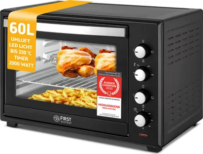 Produktbild von TZS First Austria - Minibackofen 60L 2000W - Mini Backofen Pizzaofen Temperaturregelung bis 230°C & 6 Modi - Geräumiger Miniofen mit 60 Min. Timer, 4 Einschubhöhen, Backblech, Grillrost & Drehspieß