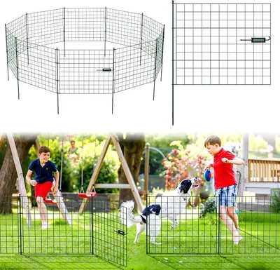 Produktbild von Dekorative Gartenzaun, Teichzaun Set 1 Tor+4 Teichzaun Steckzaun Metall mit Zaunelemente und Freigehege Gartenzaun Tiergehege, mit Schloss, Haustier Zaun (Gerade, Grün)