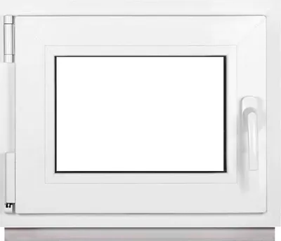 A white PVC window with a clear glass pane and a white handle.