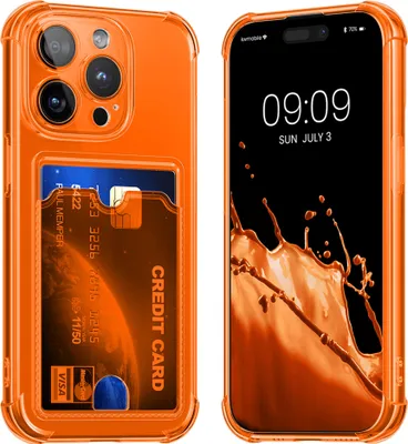 Produktbild von kwmobile Hülle mit Kartenfach kompatibel mit Apple iPhone 15 Pro - Handyhülle iPhone 15 Pro mit Kartenfach - Soft Case in Fruity Orange Transparent