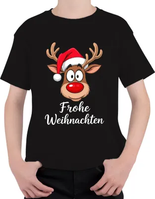 Produktbild von Frohe Weihnachten Rentier Rudolf Cartoon Niedlich Lustig Geschenk Uni Kinder T-Shirt, Schwarz, 152