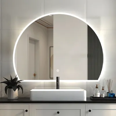 Produktbild von Badspiegel mit Beleuchtung 80×60cm Halbrund 3 Lichfarbe dimmbar Memory Wand/Touchschalter Anti-Beschlag Badezimmerspiegel Spiegel Warm/Neutral/Kaltweiß Energiesparend Lichtspiegel IP44