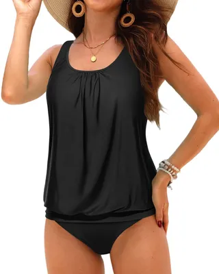 Produktbild von Yonique Damen Gepolstert Badeanzug, Blickdicht, Schwarzer Tankini, L