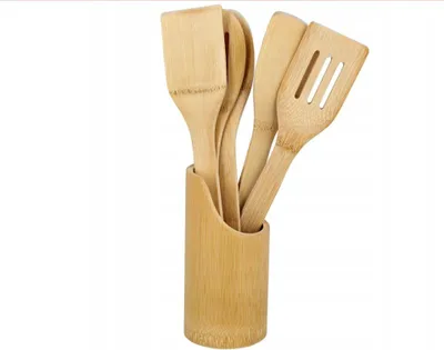 Immagine prodotto di Set di utensili da cucina in 5 pezzi - Set da cucina in legno - Utensili da cucina + Supporto