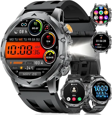 Produktbild von Smartwatch Herren mit 1,53"AMOLED, Militär mit 1000 mAh Batterie, LED Taschenlampe, Telefonfunktion, IP68, 120+Sportmodi, Herzfrequenz, Schlafmonitor