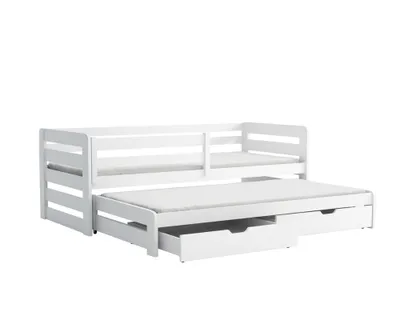 Produktbild von Kinderbett »Funtionsbett Ausziehbett SENI für 2 Kinder 90x200 Weiß« (Set, Bett mit Lattenrost, 2 Schubladen, Rausfallschutz)