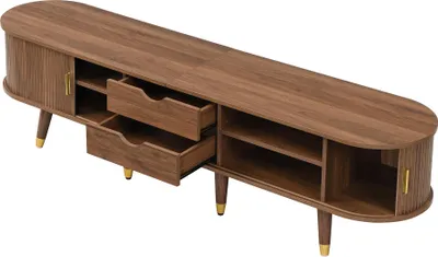 Produktbild von okwish TV-Schrank mit Rattan-Schiebetür,Landhausstil Fernsehschrank aus MDF mit offenen Fächern,Schubladen und Schrank,TV-Sideboard in Walnussoptik