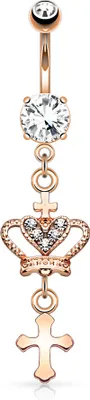 Produktbild von Bauchnabelpiercing 14kt vergoldet Kreuz Krone Anhänger Cross Crown Nabelpiercing rosegold