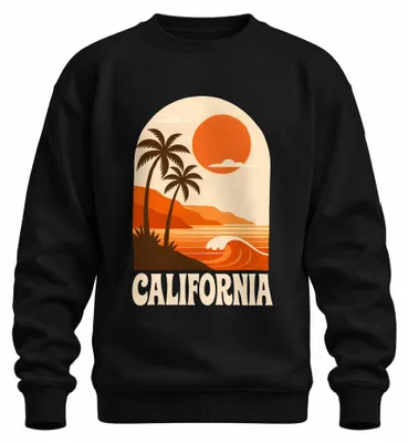 Imagen del producto de Sudadera con cuello redondo, estilo retro californiano, con motivos de palmeras, sol, playa y surf, diseño de la costa oeste, años 80. Color: . Talla: M
