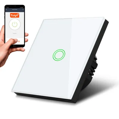 Produktbild von Smart WiFi Touch Lichtschalter Kompatibel mit Tuya APP Wandschalter Glas Schalter mit Farbwechsel LED Hintergrundbeleuchtung Einbauschalter 85x85mm (1-Fach Rund, Weiß)