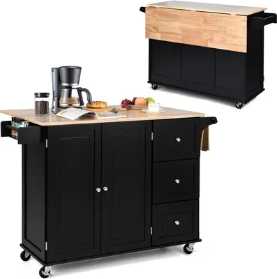 Immagine prodotto di Carrello da cucina KOMFOTTEU con piano di lavoro ribaltabile, isola da cucina in legno, carrello di servizio con 3 cassetti, mobile da cucina con rotelle, 136 x 43 x 91 cm